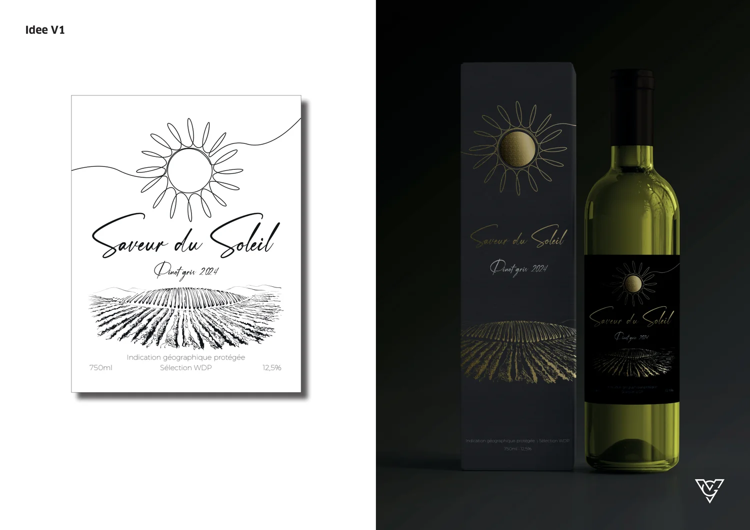 Saveur du Soleil etiket idee 1 — donker met goud en gegraveerde wijngaard